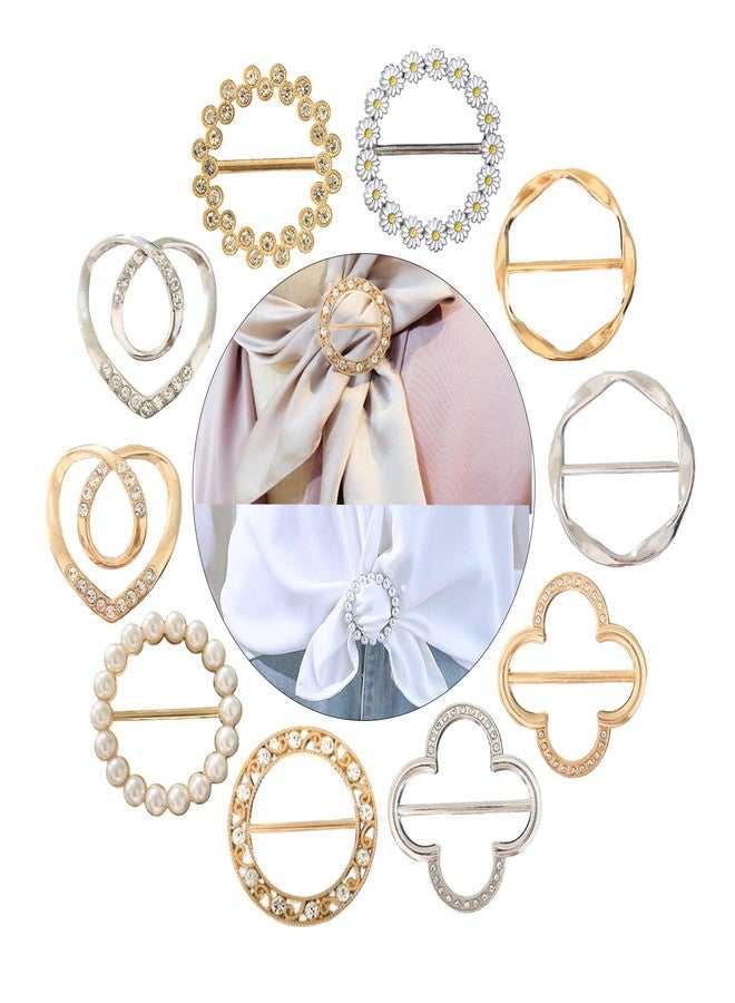 LAIFOOSHEN 10PCS Silk Scarf Ring, T shirt Ties Clips Clothes Corner Knotted Button for Women, 7 Styles Fashion Metal Round Circle Shirt Clip Buckle - Image 1